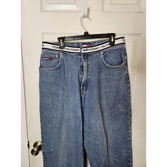 Vintage Tommy Hilfiger Jeans Mens 36x32 Blue Big Flag Straight Y2K Pants Baggy - Picture 2 of 12